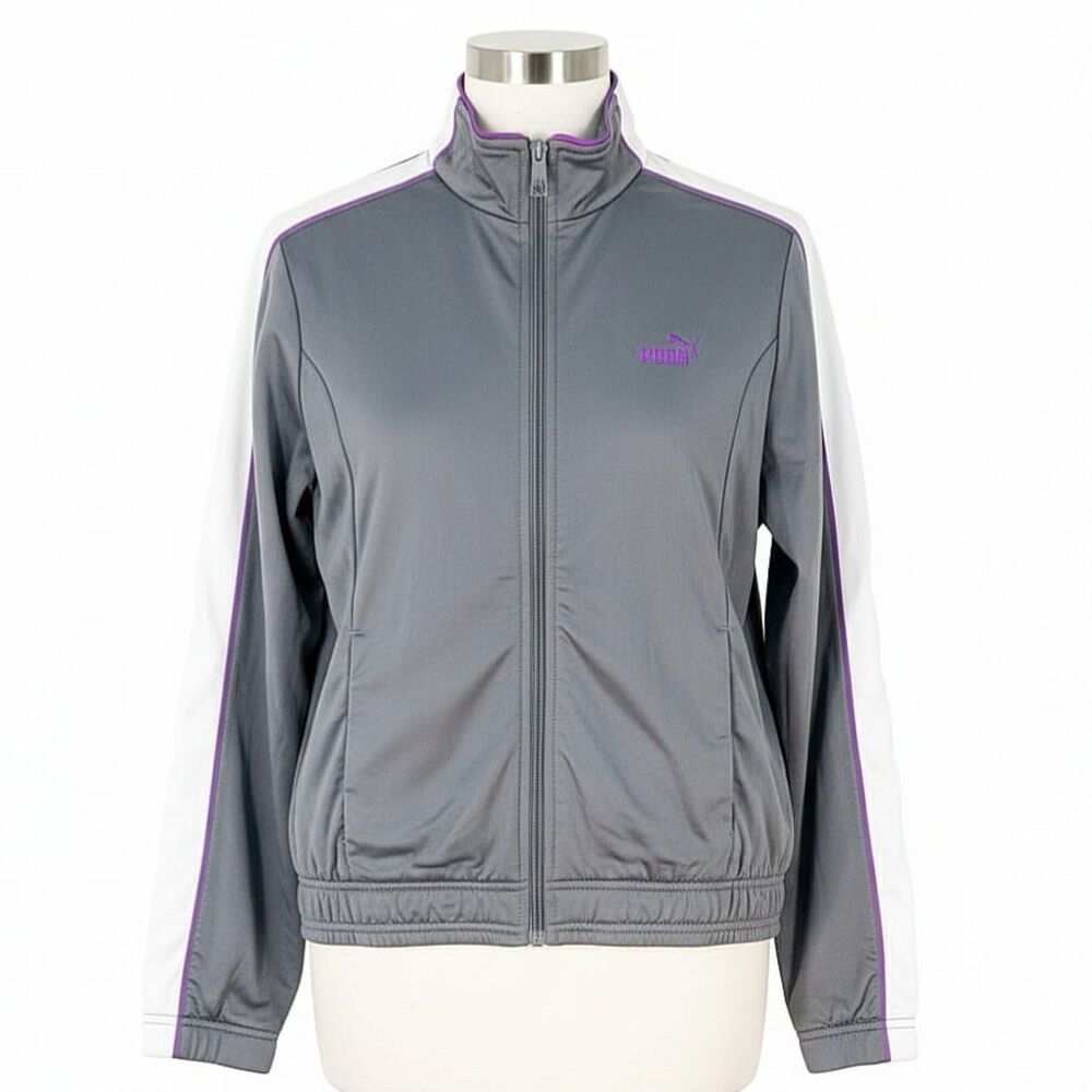 VTG 90s Y2K Puma Track Jacket Windbreaker Full Zip Gray White Purple 62200 Sz M